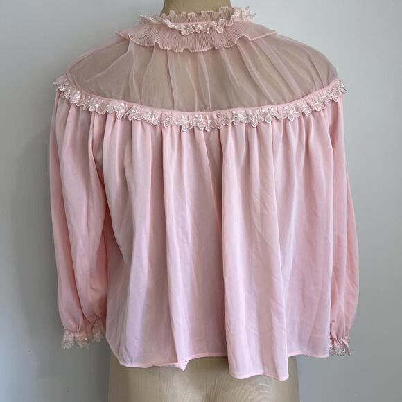 Vintage 80s Creation Model Intimates Cropped Sheer Pink Baby Doll Top Bow Pale - Picture 6 of 13